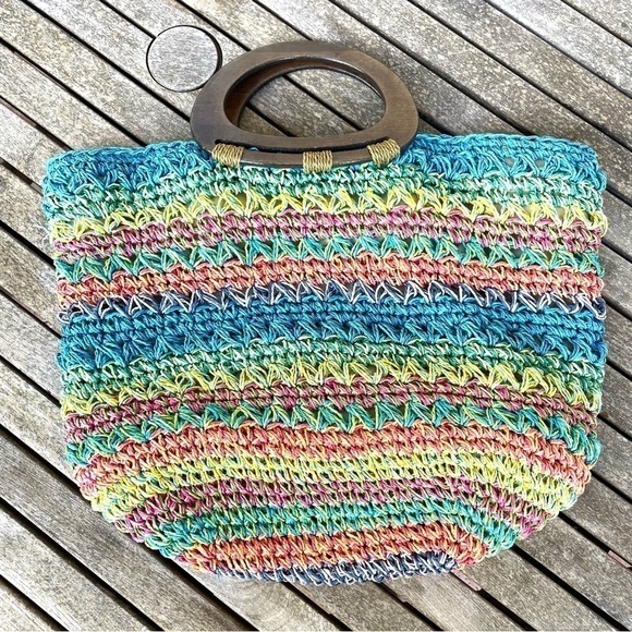Chico's Straw Woven Multicolor Beach Tote Purse Lined Wood Handles - Picture 3 of 11